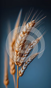 An ear of wheat close-up on a blue background.