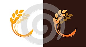 Ear of Wheat logotype for Bakery or Harvest Farm Company. Vector Emblem isolated on white and dark brown background.