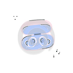 Earbuds in case illustration. Cute kawaii earphone portable audio wireless music device