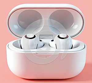 Earbuds white 3d render light pinkcolour background