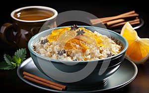 Earl Grey oatmeal with honey broiled orange food in bowl