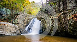 Early autumn color at Kilgore Falls, at Rocks State Park, Maryland.