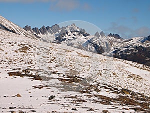 Early autumn snow in the mountains of Navarino island, Province of Chilean Antarctica, Chile