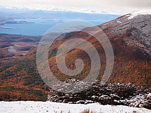 Early autumn snow in the mountains of Navarino island, Province of Chilean Antarctica, Chile