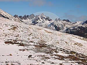 Early autumn snow in the mountains of Navarino island, Province of Chilean Antarctica, Chile photo
