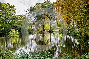 Early autumn view of a pond surrounded by autumnal coloured trees.buret through the trees..