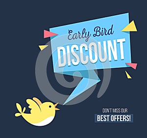 Early bird discount banner with cute bird and geomethic shapes.