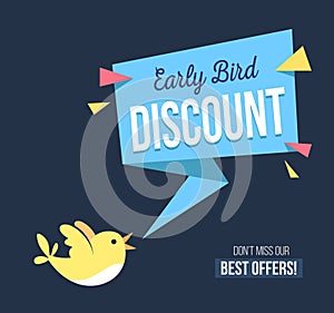 Early bird discount banner with cute bird and geomethic shapes. photo