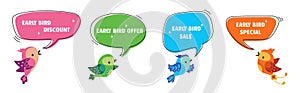 Early bird discount price. Modern advertising labels with flat birds. Special offer, sale marketing elements. Promotion