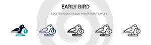 Early bird icon in filled, thin line, outline and stroke style. Vector illustration of two colored and black early bird vector