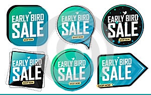 Early Bird set sale banners, discount tags design template, vector illustration
