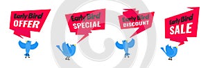 Early bird special offer discount sale event banner flat style design vector illustration set.
