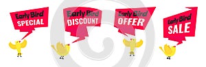 Early bird special offer discount sale event banner flat style design vector illustration set.