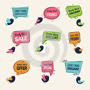 Early bird. Special offers badges discounts labels with birds vector advertising signs collection