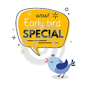 Early bird special trendy design with bird and geometric template. Vector early bird promotion illustration