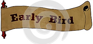 EARLY BIRD text on old scroll paper drawing illustration