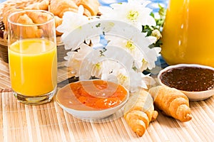 Early breakfast, juice, croissants and jam