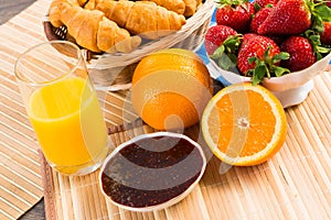 Early breakfast, juice, croissants and jam