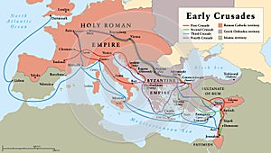 Early Crusades, history map of the first four Crusades to the Holy Land photo