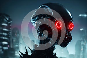 3D rendering a cyberpunk scary creature with red luminous eyes in a night scene. photo