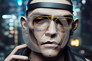 3D rendering cyberpunk gangster man character wearing futuristic glasses photo