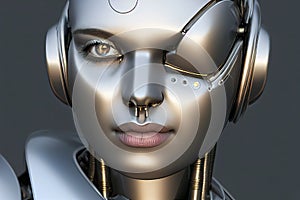 3D rendering Robot female metal face closeup portrait photo