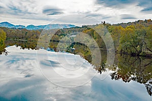 Early fall View of the James River with the Blue Ridge Mountains in the Background