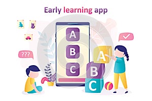 Early learning app on smartphone screen. Boy and girl playing with blocks. Kids learn alphabet using application. Children plays