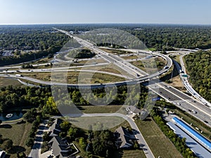Early morning aerial of Interstate 65, 74, 69, and 465 Interchange - Flyover Ramps - Indianapolis, Indiana