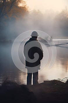 Early Morning Angler Contemplating the Foggy Lake at the Shore