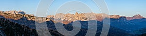 Early morning autumn alpine Dolomites mountain scene. Peaceful view from Valparola Pass, Italy