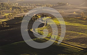 Early morning beautiful Tuscany hills landscape view with plowed and green grass covered wavy fields. Sunrise light covers the