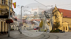 Early morning in center of Bratislava with tramline