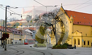 Early morning in center of Bratislava with tramline