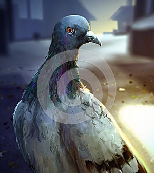 Early Morning City Pigeon - Digital Painting