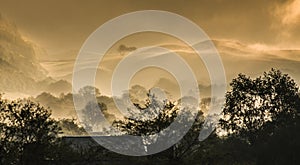 Early morning countryside landscape mist