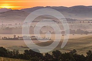 Early morning on countryside, San Quirico dÂ´Orcia, Tuscany, Ita