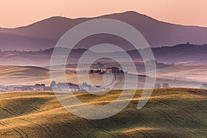 Early morning on countryside, San Quirico dÂ´Orcia, Tuscany, Ita