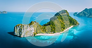 Early Morning drone Aerial Panorama view of Helicopter Island in the Bacuit Bay in El Nido, Palawan, Philippines