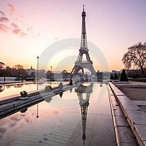 Early morning Eiffel tower reflection on the empty fountain