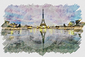 Early morning Eiffel tower reflection watercolors painting