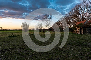 Early morning farm view at the countryside near Bruges, Belgium