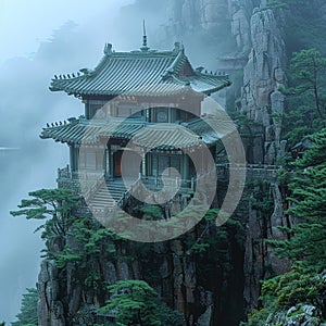 Early Morning Fog Enshrouding a Mountain Monastery The mist blurs with the stone