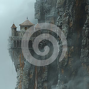 Early Morning Fog Enshrouding a Mountain Monastery The mist blurs with the stone