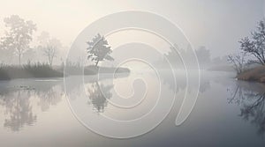 Early morning fog enveloping a calm river with soft reflections photo