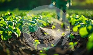 Early morning gardening, a farmer carefully sprays young green plants with fertilizer to promote growth and protect against pests