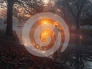 Early Morning Joggers Silhouette Against a Misty Park Sunrise A runners motion blurs into the dawn