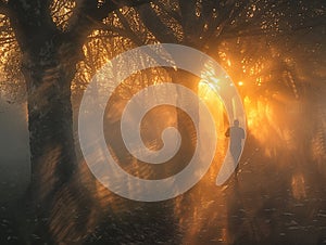 Early Morning Joggers Silhouette Against a Misty Park Sunrise A runners motion blurs into the dawn