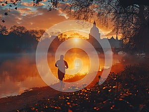 Early Morning Joggers Silhouette Against a Misty Park Sunrise A runners motion blurs into the dawn