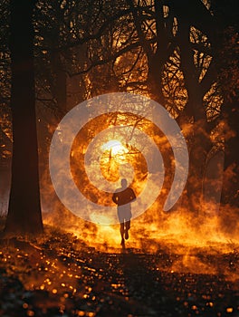 Early Morning Joggers Silhouette Against a Misty Park Sunrise A runners motion blurs into the dawn